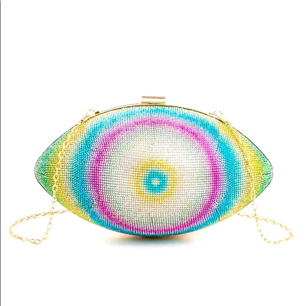Pink Gold Chain Rhinestone Crystal Evil Eye Clutch Football Purse